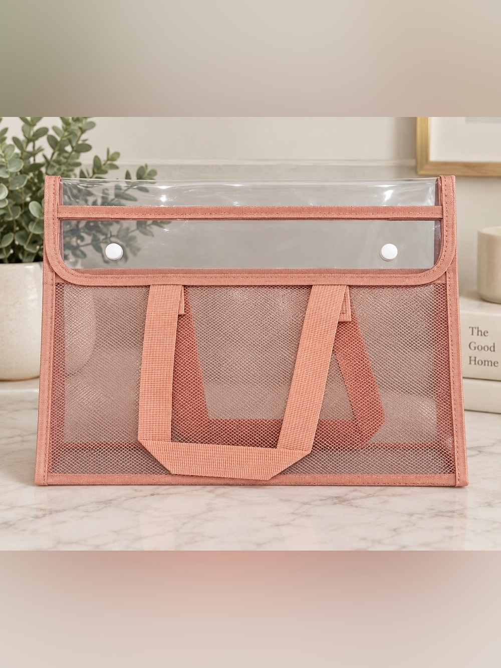 🌸 Pink Mesh Tote Bag Clear PVC Snap Closure Organizer Purse